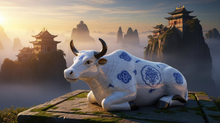 An illustrated ox with decorative patterns rests on a stone platform, with misty mountains and temples in the background. The artwork showcases a digital painting style, with soft lighting and a serene atmosphere. Potential uses include editorial illustrations, design projects, and decorative elements.の素材