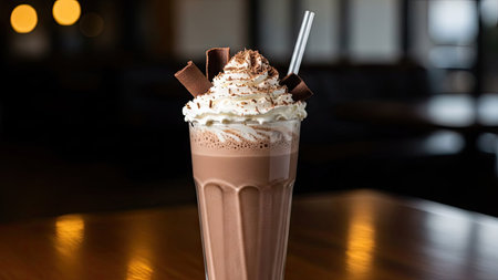 A close-up captures a chocolate milkshake in a tall glass, topped with whipped cream and chocolate shavings. The image showcases a rich brown color with bright accents. Composition focuses on the drink against a blurred background, suggesting a casual setting. Suitable for advertising, culinary, or lifestyle projects.の素材