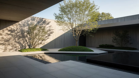 A tranquil outdoor scene presents a modern architectural design. A water feature reflects the light and surrounding structure, while a central tree adds a natural element. The composition highlights geometric shapes and contrasting textures, with natural light enhancing the scene. Suitable for architectural, design, or lifestyle publications.の素材