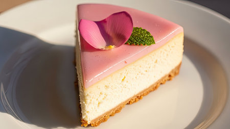 A close-up showcases a triangular cheesecake slice topped with pink glaze and a decorative flower petal. The dessert sits on a white plate, highlighting a creamy texture and light brown crust. Overhead sunlight illuminates the scene, suggesting an indoor setting suitable for culinary themes and visual projects.の素材