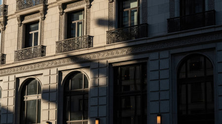 A close-up view presents an architectural facade featuring multiple windows and decorative balconies. The building's exterior displays a neutral color palette, complemented by shadows that accentuate architectural details. This image may be suitable for commercial use in areas such as design, construction, or real estate.の素材