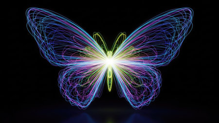 An artistic digital representation depicts a butterfly with glowing wings. The image showcases vibrant hues of blue, green, and yellow against a black backdrop. The luminous style and symmetrical composition suggest potential use in design, decoration, or editorial content. The visual effect evokes a sense of wonder.の素材