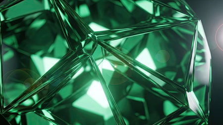 A close-up view displays a faceted, emerald-green crystal structure illuminated by bright light. The glassy, reflective surfaces create a play of light and shadow, highlighting sharp edges. The image has a clean, abstract aesthetic, making it suitable for various design projects and commercial applications.の素材