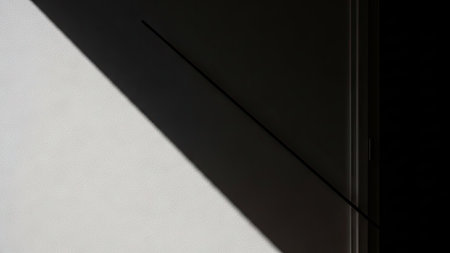 An abstract composition displays a diagonal shadow across a white surface, contrasting with darker areas. The image utilizes strong lines, geometric shapes, and high contrast. The composition suggests an indoor setting, likely with artificial lighting. Suitable for artistic projects, design elements, or conceptual visualizations.の素材