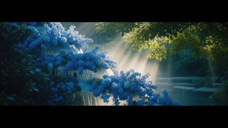 A striking visual features an abstract floral arrangement with flowing blue elements. The scene is bathed in dramatic sunlight, creating beams through the foliage. The composition suggests an ethereal environment with bright, saturated colors. Suitable for various creative and conceptual projects, this image can be used for artistic or illustrative purposes.の素材
