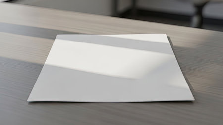 A single, white paper sheet rests flat on a light gray table. The image features natural sunlight casting shadows, highlighting the paper's texture and creating a sense of depth. This composition offers a clean, minimalist style suitable for various design projects and commercial applications.の素材