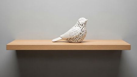 A detailed ceramic bird figurine sits on a simple wooden shelf, presented against a plain grey wall. The lighting appears soft and even, highlighting the intricate patterns of the bird's design. This still life could be used in various commercial applications or editorial layouts needing a touch of minimalist style.の素材