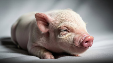 This image features a young piglet, rendered in soft focus against a white background. The piglet's pink skin contrasts with the neutral tones, creating a gentle and inviting visual. This photograph can be used for commercial projects, presentations, or editorial content that requires an image of an animal.の素材