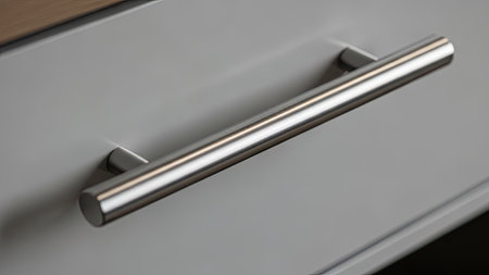 A close-up photograph displays a shiny silver handle mounted on a muted grey surface. The composition emphasizes the hardware's cylindrical shape and reflective qualities. The lighting is diffused and even, highlighting the sleek design and texture. Ideal for illustrating interior design, renovation projects, or adding visual interest to commercial content.の素材