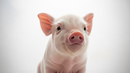 A close-up captures a young piglet, showcasing its pink skin and distinctive snout. The image features soft lighting and a clean white backdrop, emphasizing the animal's features. This studio-style shot could be suitable for various commercial purposes, including illustrative content and animal-related projects.の素材