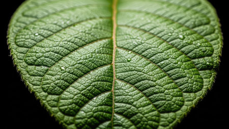 The image presents a detailed view of a green leaf. The surface displays a complex texture of veins and ridges. Water droplets glisten on the leaf. The composition is set against a dark background, highlighting the leaf's structure. This image could be used for various commercial or editorial purposes.の素材