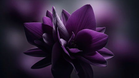 A close-up captures a blooming lotus flower. The petals display a deep purple hue, contrasted against a dark background. The composition highlights the flower's texture and form, with soft lighting enhancing the details. This image is suitable for various commercial uses, including artistic designs and decorative projects.の素材