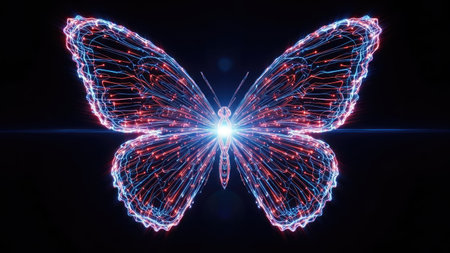 A digital butterfly is depicted, composed of interconnected lines and points, emanating a vibrant, ethereal glow. The image features a dark background, contrasting the butterfly's luminous red and blue hues. This modern artwork could be used for various design projects, including digital art or commercial illustrations.の素材