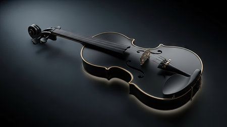 A sophisticated black violin is displayed against a dark reflective surface. The image highlights the instrument's shape and details, enhanced by soft lighting. The composition suggests a studio setting, suitable for commercial projects or editorial content related to music, performance, or artistic themes.の素材