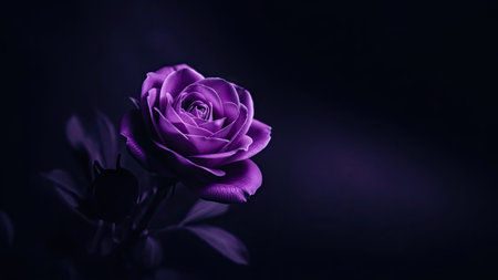 A close-up captures a vibrant purple rose against a deep, dark backdrop. The image showcases the rose's delicate petals and intricate details. The lighting creates a dramatic contrast, highlighting the flower's form. This composition could be used for various design projects, including artistic displays or editorial content.の素材