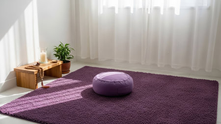A tranquil interior showcases a meditative space. A plush purple cushion rests on a matching rug, with sunlight streaming through sheer curtains. A small wooden table holds a plant and candle. The composition is clean and simple, suggesting relaxation. This image could be used for wellness, lifestyle, or design content.の素材