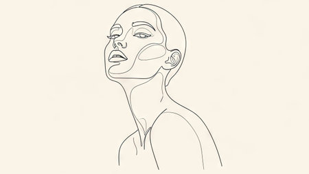 A single-line drawing portrays a woman's face, gazing upwards. The artwork uses continuous lines against a light beige backdrop, emphasizing simplicity. This graphic style, with its focus on form, could be suitable for various design applications. It offers a clean aesthetic and could be used for both commercial and editorial purposes.の素材