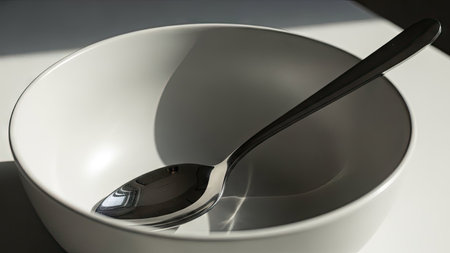 An empty white bowl and a spoon are presented on a white surface, illuminated by natural sunlight. The composition emphasizes simplicity with the bowl's curvature and the spoon's reflective surface. The image suggests a clean, minimalist style, suitable for various culinary or conceptual commercial applications.の素材