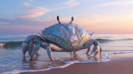 A crab with iridescent textures and patterns is depicted standing on a sandy beach. The image displays a dreamy atmosphere with soft sunlight and pastel colors in the sky and ocean. It could be suitable for illustrations, digital art, or creative projects, offering versatile potential uses for design.の素材