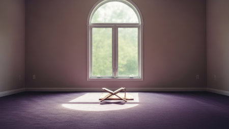 An interior space features an arched window, allowing natural light to illuminate the room. The scene showcases a minimalist aesthetic with neutral wall colors and a simple object on the floor. The composition could be useful for illustrating architectural themes, or design concepts, suitable for editorial and commercial applications.の素材