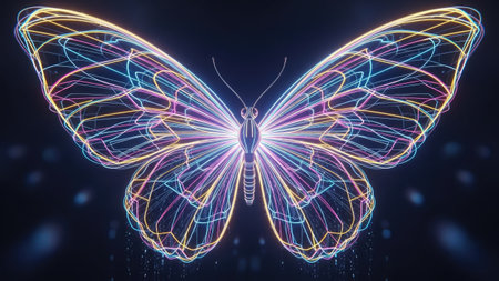 This image showcases a vividly illuminated butterfly with intricate neon outlines. The artwork features a symmetrical composition highlighting the detailed wings against a dark background. The color palette incorporates vibrant blues, pinks, and yellows. It could be suitable for digital art projects, website graphics, or various design applications.の素材