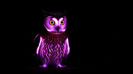 A 3D rendered owl glows vibrantly against a black backdrop. The artwork presents a stylized representation with vivid purple and yellow hues. The composition features a symmetrical arrangement, offering versatility for digital projects, advertising, and editorial content. The image could be utilized in various commercial applications.の素材