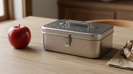 A close-up captures a silver metal lunchbox and a vibrant red apple on a wooden table. The composition features soft lighting and a neutral background. This image could be used for various commercial purposes, including illustrations related to health, food, and daily life scenes.の素材