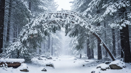 A tranquil winter scene depicts a snow-covered path winding through a dense forest. The composition features tall trees laden with snow, creating a serene and isolated atmosphere. The predominant colors are white and gray, emphasizing the cold conditions. This image is suitable for various commercial uses, including illustrations and backgrounds.の素材