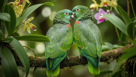 Two vibrant green parrots are shown perched closely together on a branch. They are set against a background of lush green leaves and colorful flowers. The composition showcases natural sunlight and a shallow depth of field, emphasizing the birds. This image could be suitable for various uses, including editorial and commercial projects.の素材
