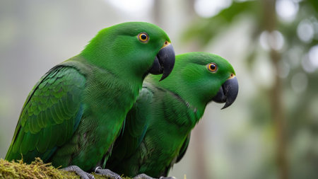 Two green parrots are captured in a medium shot, showcasing their plumage and features. The image highlights a blurred background and natural lighting, with a focus on their bright colors and posture. Suitable for various projects, it can be used for editorial content or commercial applications.の素材