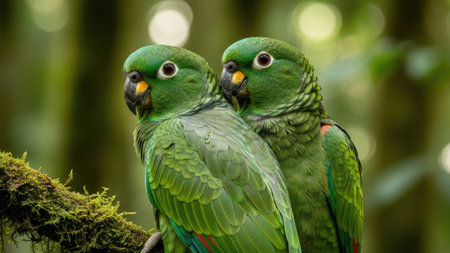 Two green parrots are depicted perched on a mossy branch, showcasing intricate feather detail. The composition features a natural bokeh backdrop of lush foliage, emphasizing the birds. The image is brightly lit, suggesting daylight conditions. Ideal for various editorial or commercial applications, including educational content and decorative designs.の素材