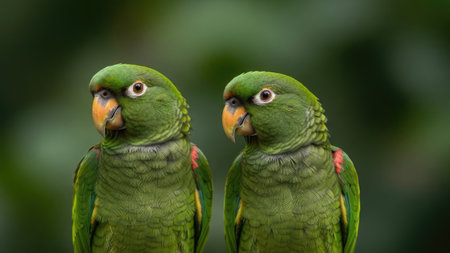Two green parrots are presented in a close-up shot, showcasing their detailed feather patterns and orange beaks. The composition features a shallow depth of field, with a blurred green background. This image is suitable for various uses, including editorial articles and commercial designs, offering a glimpse into avian beauty.の素材