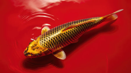 A close-up captures a koi carp floating on red water. The fish displays a textured, scaled pattern of gold and black, contrasted against the smooth, reflective water. The composition highlights the animal's form and color. Suitable for decorative purposes and design applications.の素材