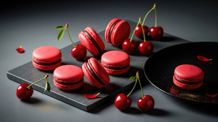 A visually appealing arrangement features multiple red macarons and fresh cherries. The scene is illuminated by soft lighting, revealing a dark gray slate surface and a black plate. These elements are arranged for a striking composition. Suitable for use in culinary, food-related, or lifestyle publications.の素材