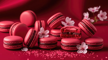 A close-up shot showcases numerous red macarons, arranged with delicate white flowers. The image features a shallow depth of field, highlighting the textures of the baked goods. The scene is illuminated by soft lighting, set against a saturated red backdrop, suitable for commercial projects.の素材