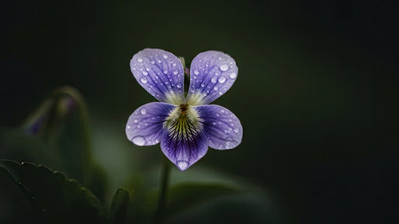 A close-up captures a vibrant violet flower adorned with water droplets. The image showcases soft textures and a shallow depth of field. The dark background enhances the flower's delicate beauty. Suitable for various projects, it can be used for artistic purposes.の素材