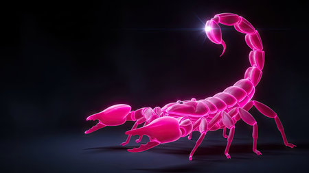 A vibrant illustration presents a glowing pink scorpion set against a deep black backdrop. The image features strong contrast and highlights the scorpion's segmented body. The scene is illuminated, creating a sense of drama. This artwork could be used for various design projects and digital art purposes.の素材
