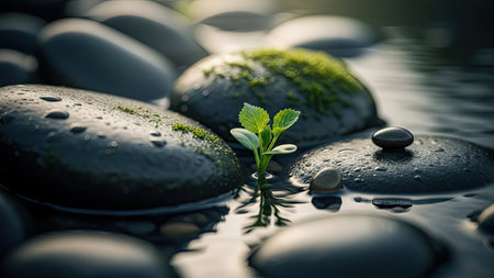 A close-up view depicts a small green plant emerging from water surrounded by smooth stones. The image showcases natural textures and colors. The composition utilizes shallow depth of field, with light illuminating the subject. This serene scene could be suitable for various commercial and editorial applications, emphasizing growth and tranquility.の素材