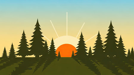An illustration depicts a forest silhouette against a gradient sky with an orange sun. The image showcases evergreen trees in a graphic style. The scene is illuminated by the sun's rays. Suitable for use in various design projects, it could serve commercial and editorial purposes.の素材