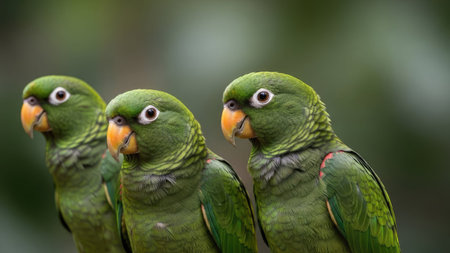 Three parrots with vibrant green feathers and orange beaks are captured. The birds are in focus against a soft, out-of-focus background. The image exhibits a natural style with a close-up composition. This photograph could be used for various projects, including editorial content or promotional materials.の素材