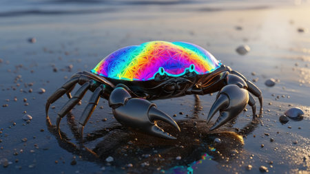 A crab with a rainbow-colored shell rests on a wet beach surface. The image showcases high-contrast lighting, emphasizing textures and forms. Reflective properties add visual interest. Suitable for diverse applications, it can be used for design projects and commercial purposes, demonstrating a combination of natural and creative elements.の素材