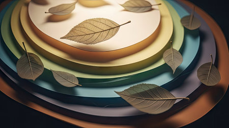 This image showcases a circular design comprising of layered, colorful rings. The scene features several leaves scattered across the surface. The artwork uses a warm lighting scheme. This composition could be suitable for various commercial uses, including artistic displays or design concepts.の素材