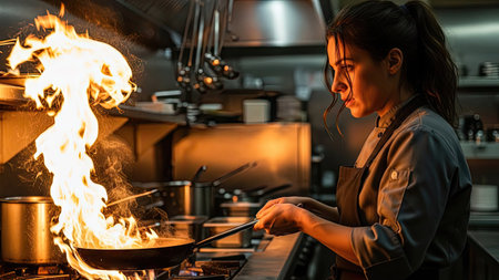 A chef is shown in a professional kitchen actively cooking with flames emanating from a pan. The scene features warm lighting, stainless steel cookware, and a focus on the cooking process. The image has potential uses for culinary publications, food-related marketing, and commercial applications.の素材