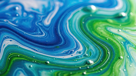 This image presents an abstract composition featuring swirling patterns of blue, green, and white. The fluid artwork showcases a macro perspective, highlighting the textures and subtle variations of the mixed colors. This artistic design may be suitable for various commercial purposes, including decorative elements or design backgrounds.の素材