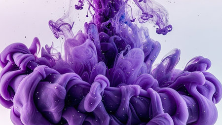 An image showcases vibrant purple ink dissolving in water, creating abstract shapes and cloud-like formations. The composition features swirling patterns, with shades of purple contrasting against a bright white backdrop. It could be useful for artistic backgrounds, digital art, or commercial design projects.の素材