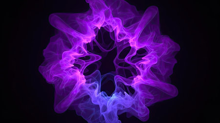 An abstract digital artwork depicts a swirling cloud-like formation of vibrant purple and blue hues against a deep black backdrop. The composition features a radial pattern with textured elements suggesting movement. This image could be used for various design projects, including digital art, and visual effects.の素材