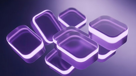 This image presents several translucent purple shapes with rounded corners. They are arranged on a dark, reflective surface that enhances the depth and highlights the objects. The composition features soft lighting that casts subtle glows. Suitable for various design and advertising needs, the visuals have a modern aesthetic.の素材