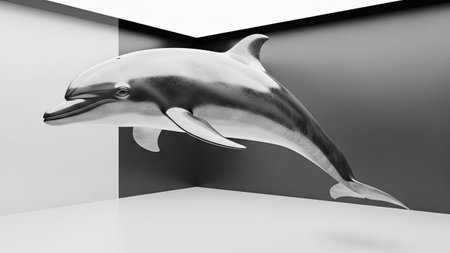 A grayscale image depicts a dolphin seemingly emerging from a geometric space. The dolphin showcases sleek lines, contrasting tones, and a dynamic pose. This stylized composition features stark shadows, highlighting textures and form. Its adaptable design suits diverse applications in advertising or conceptual projects.の素材