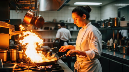 A chef is shown in a professional kitchen cooking with flames. The image displays warm lighting with a shallow depth of field, emphasizing the action. The environment suggests an indoor setting with a focus on culinary activity. Suitable for use in editorial content or commercial projects related to cooking.の素材