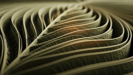 An artistic image presents an abstract leaf formation. The composition features layers of textured, olive-toned elements, with subtle highlights that suggest depth. The intricate patterns and natural shapes evoke an organic aesthetic, suitable for various design projects and visual content applications.の素材